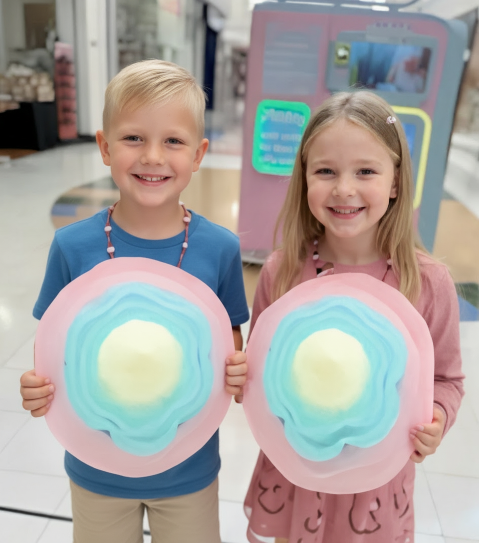 Glückliche Kinder mit bunten Zuckerwatte-Blumen