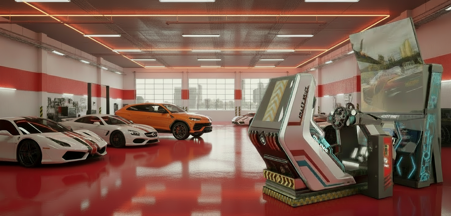 Crazy Drift Showroom mit Sportwagen und Racing Simulator